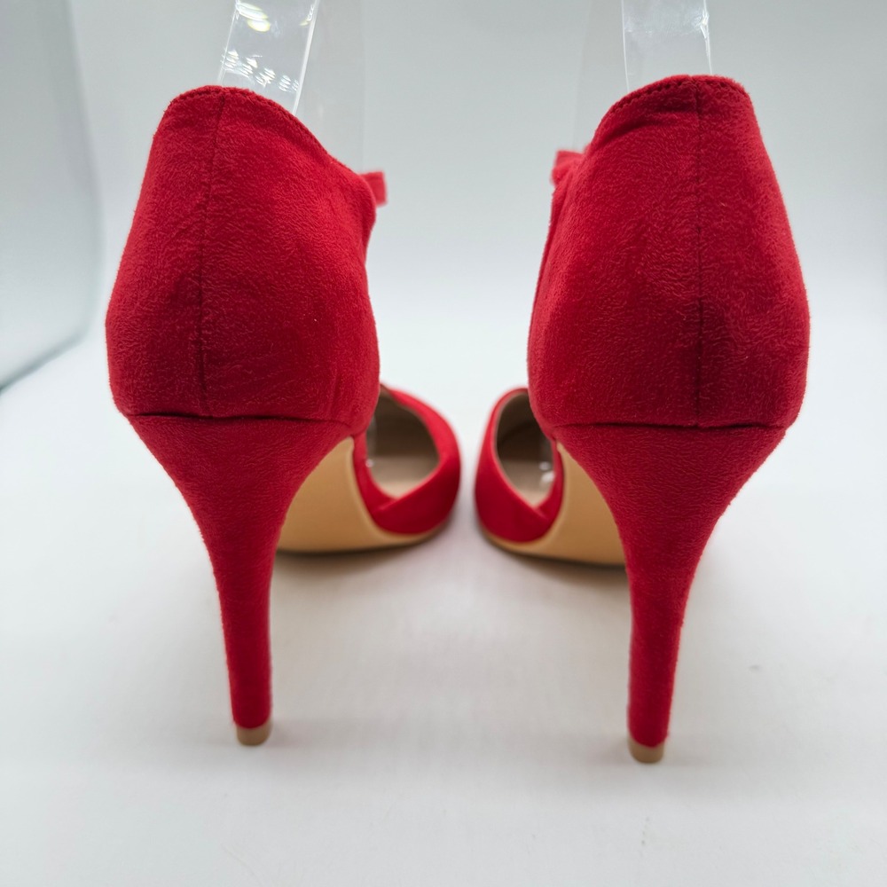 Red Faux Suede T-Strap Pumps Womens Size 9 Round Toe Stiletto Heels Ankle Strap - Picture 5 of 8